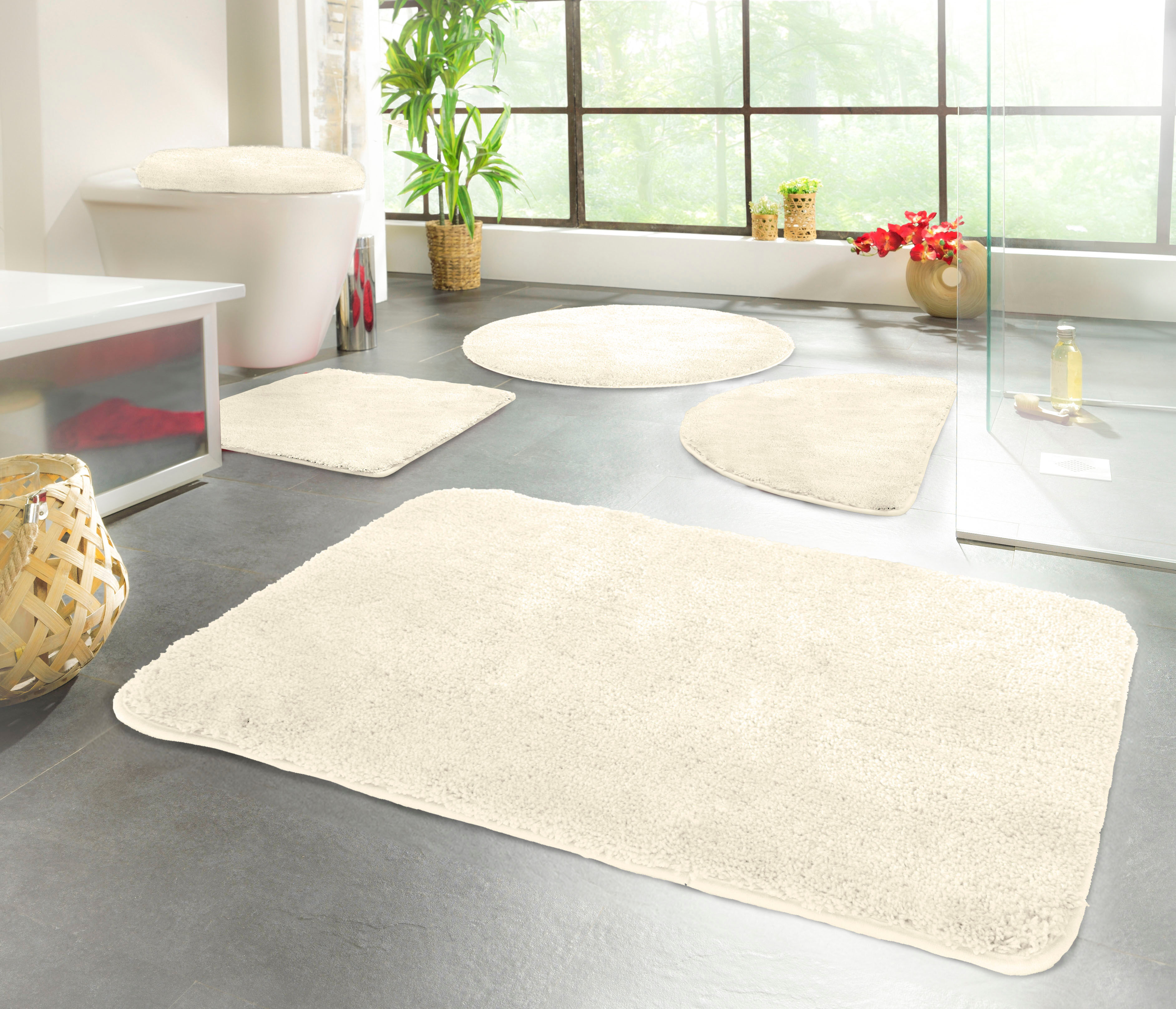 Badematte KINZLER "Chaozhou, Badvorleger, Badezimmer Teppich", beige (natur), H:20mm, Polyester, Badematten, Badematte, Badteppich, Uni Farben, weich, als rechteckig, rund & Set erhältlich natur 2er-Set rechteckig 55x50cm / rechteckig 50x80cm