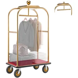 VEVOR Hotelgepäckwagen aus Edelstahl,  544,31 kg Belastbarer Kofferwagen mit 8 Zoll Gummirädern, Hotelwagen mit Rotem Teppichboden & Garderobenstange, Gewerblicher Gepäckwagen für Hotels Resorts, Gold