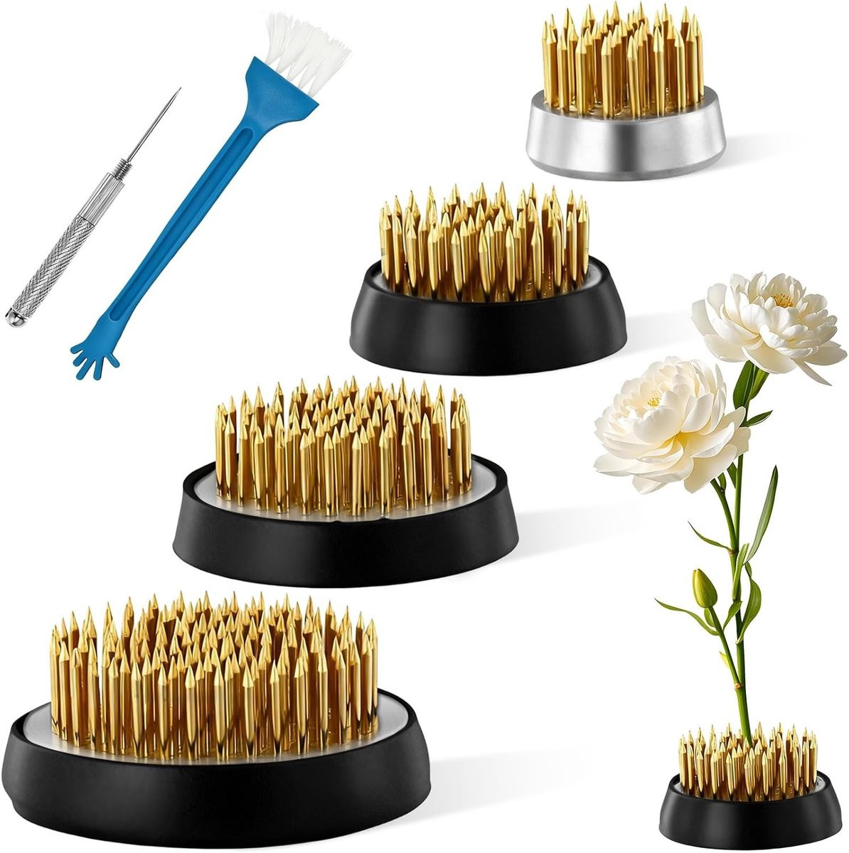 Set van 4 ronde Kenzan bloemstuk houders met RVS basis voor bloemstukken en floristische accessoires