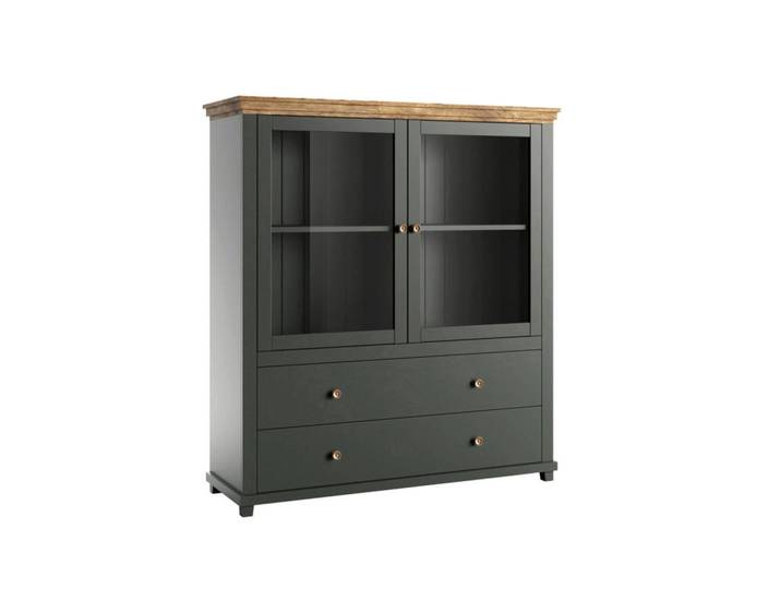 Petits-meubles Vitrine Martin Grün und Holz, Holzwerkstoff, 2 Schubladen, 126x138x42 cm, Esszimmer, Vitrinen, Vitrinenschränke