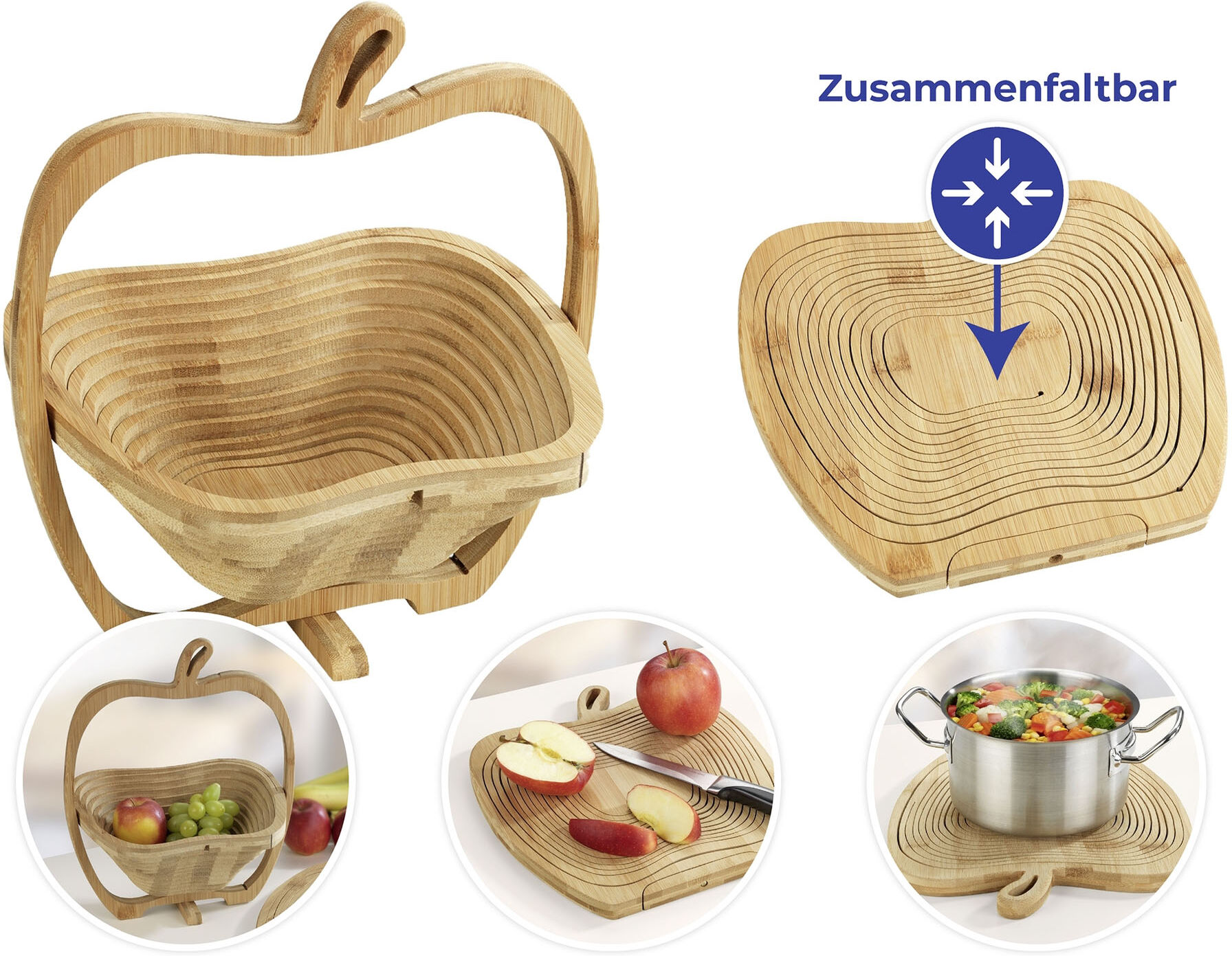 Obstschale MAXIMEX "Modell Bambus", beige (natur), B:26,5cm H:30cm T:22,5cm, Bambus, Schüsseln, Obstschale, faltbarer Obstkorb, vielseitig nutzbar als Untersetzer & Schneidebrett