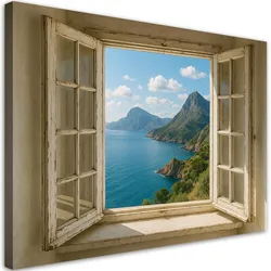 LEINWANDBILD Fensterblick Meer Berge Shabby Chic 90x60cm