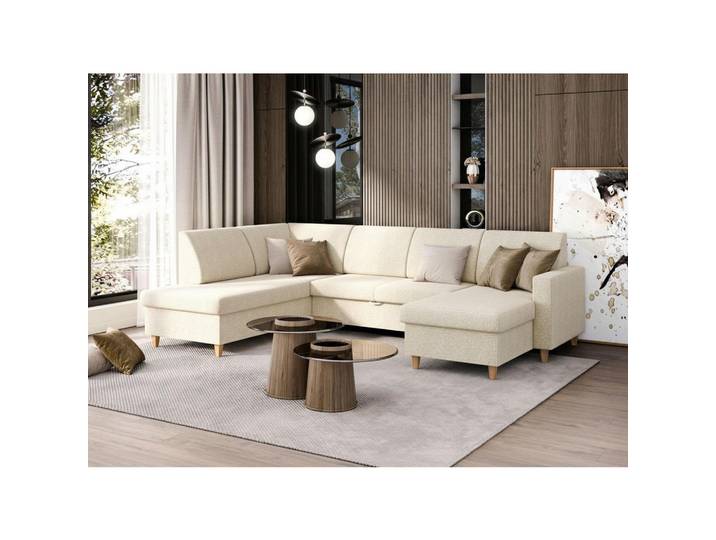 Mid.you Wohnlandschaft Nikas, Creme, Holz, Buche, Ottomane rechts, U-Form, 198x310 cm, Made in EU, Wohnzimmer, Sofas & Couches, Wohnlandschaften, Wohnlandschaft U-Form