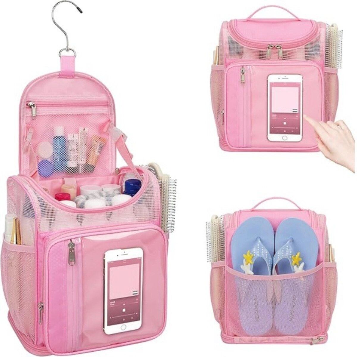 INF Sac de rangement portable en filet avec crochet pour voyage, dortoir, salle de sport et camping Rose