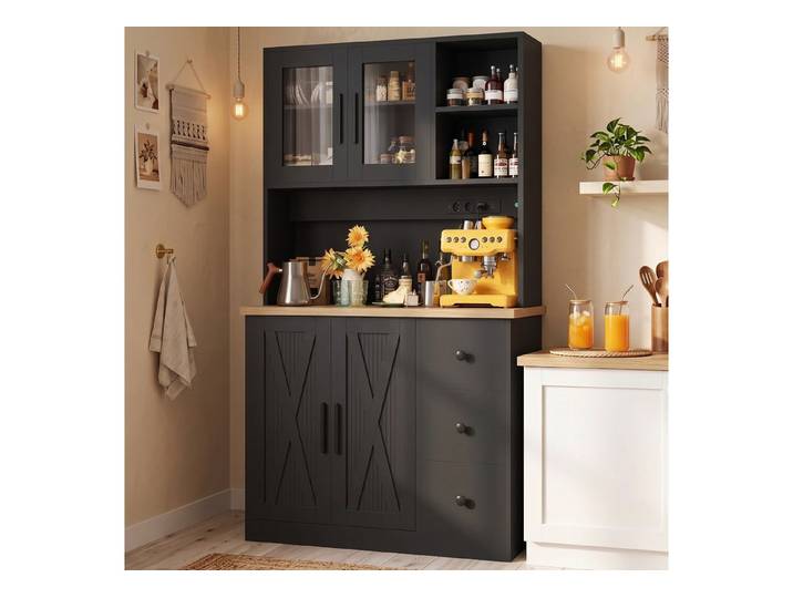 HOMALL Highboard Küchenbuffet Sideboards,Geschirr Insel Schrank (mit LED-Beleuchtung,Steckdose,staubgeschützter Glastür)