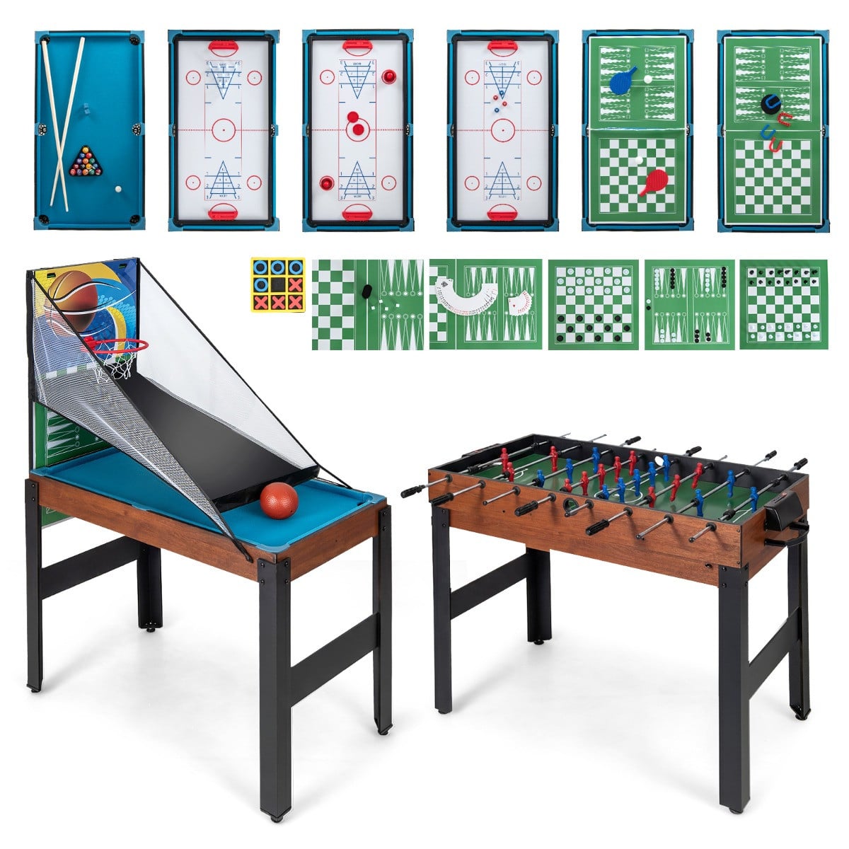 Costway 15-in-1 Multifunctionele Speeltafelset met Tafelvoetbal, Biljart, Tafeltennis, Bowling, Shuffleboard, Schaken, Dammen en Backgammon - Naturel