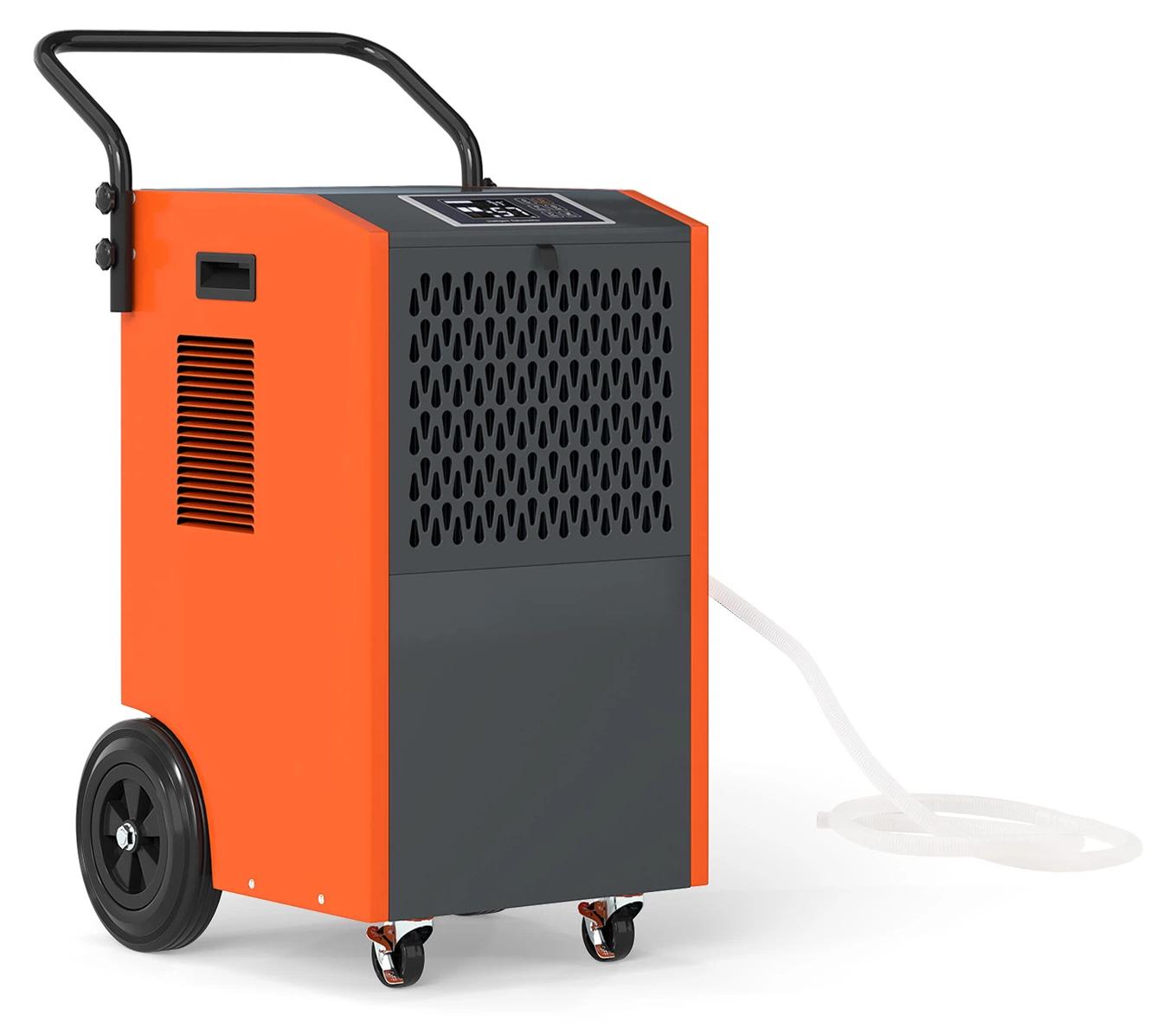 KOMFOTTEU Professioneller elektrischer Luftentfeuchter, 73 l/Tag, Luftentfeuchter, 24-Stunden-Timer, zur Entfeuchtung von Räumen bis zu 695 m³, für Garagen, Keller, Untergeschosse, Wohnhäuser (Orange)