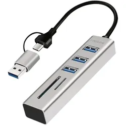 LogiLink USB 3.0 Hub, 4x USB-A, 5 Gbit/s, 2-in-1 Anschlusskabel, Silber