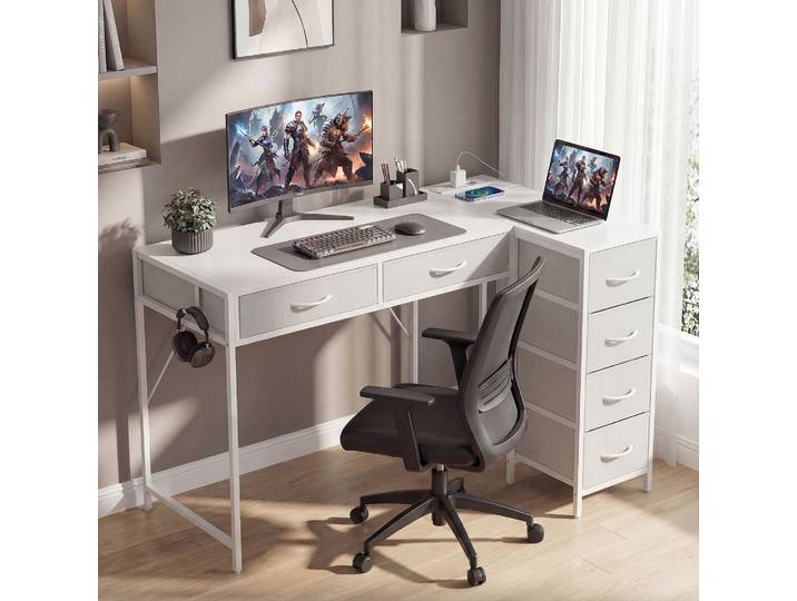 HOMCOM Bureau d'Angle Réversible 126x48cm avec Tiroirs Blanc