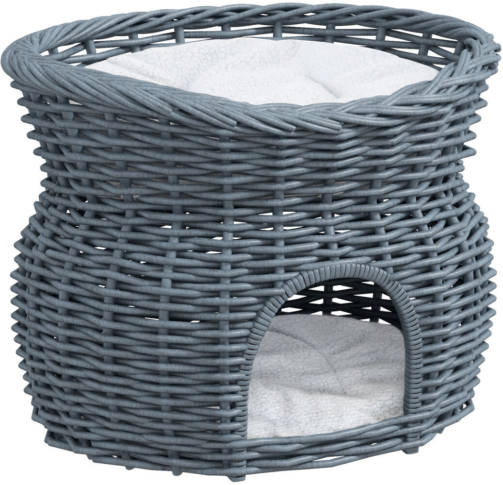 PawHut 2-Tier Elevated Pet Cushion Bed Basket Willow Cat Tree House Condo Kennel Grey Small (10-20lbs)