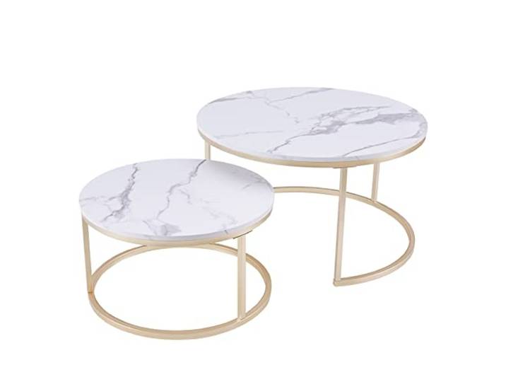 Huuryoudo Couch Tisch, Couchtisch 2er Set Rund Tisch Wohnzimmer Rund mit Metallgestell Beistelltisch Weiss Modern Satztische fürs Wohnzimmer, Weiß Gold Marmor Optik