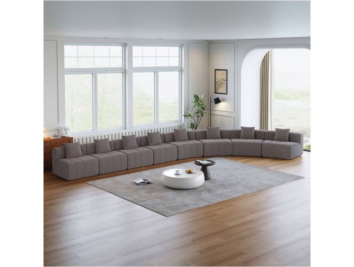 Canapé modulable courbe AESVAR 8 places en chenille gris 2 coussins inclus sans montage