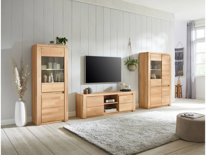 Wohnwand GOODPRODUCT BURANO 3-teilig, Lowboard mit Kabeldurchführung, 290cm Breite , beige (kernbuche teilmassiv), Holzwerkstoff Kernbuchefarben (Korpus)/ Massivholz Kernbuche (Front), Holz teilmassiv, Kastenmöbel-Sets, Wohnwand, Fronten aus Massivholz, Korpus aus Melamin, verstellbare Einlegeboden