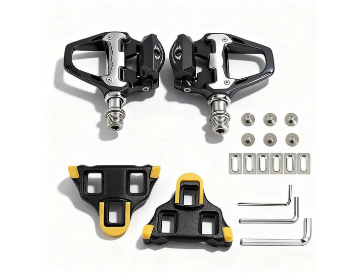 Rennradpedale Set mit Cleats Aluminiumlegierung 9/16 Zoll Cr-Mo Achse, Schwarz, Metall, 14x1.5x23 cm, Freizeit & Co, Sport & Fitness, Fahrräder, Fahrradzubehör