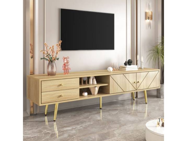 Meuble TV élégant avec casier 160cm design élégant pieds dorés 2 tiroirs de rangement et portes à forme distinctive