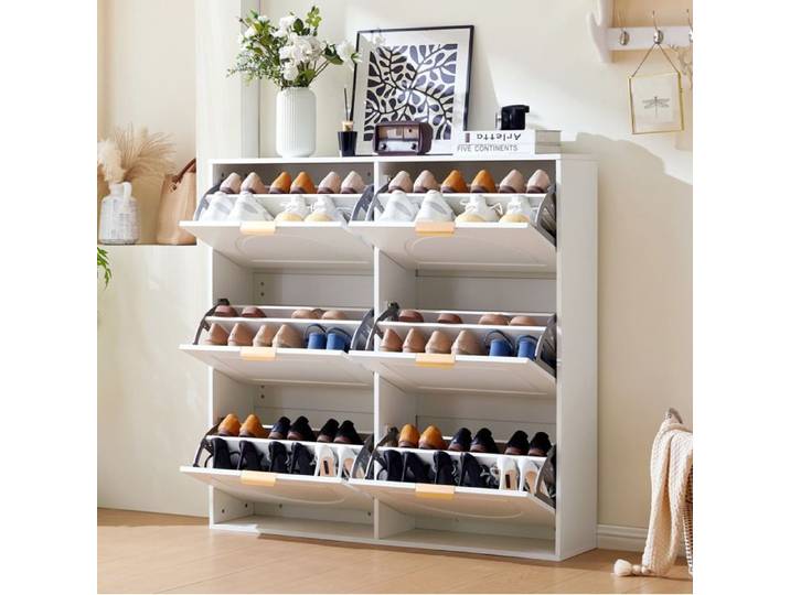 VUENOR Meuble à chaussures 118x25x115 cm blanc – 6 abattants rangement ouvert