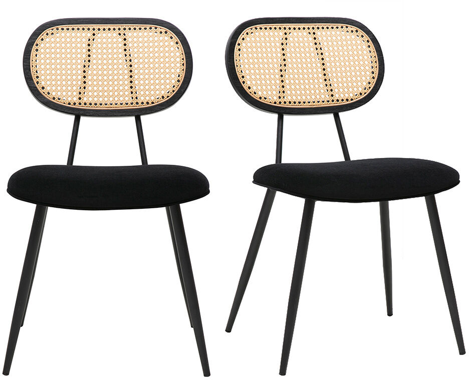 Miliboo Chaises design noires en tissu velours, métal et cannage rotin (lot de 2) SWANN