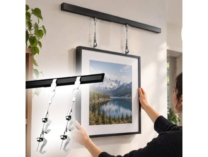 Schwarze Bildaufhängeschiene Für Rahmen, Aluminiumlegierung Wandmontiertes Hängesystem Mit Schneidbarer Schiene Und Verstellbarem Kabel Für Zeichnungen(3.0m Cable,325cm rail)