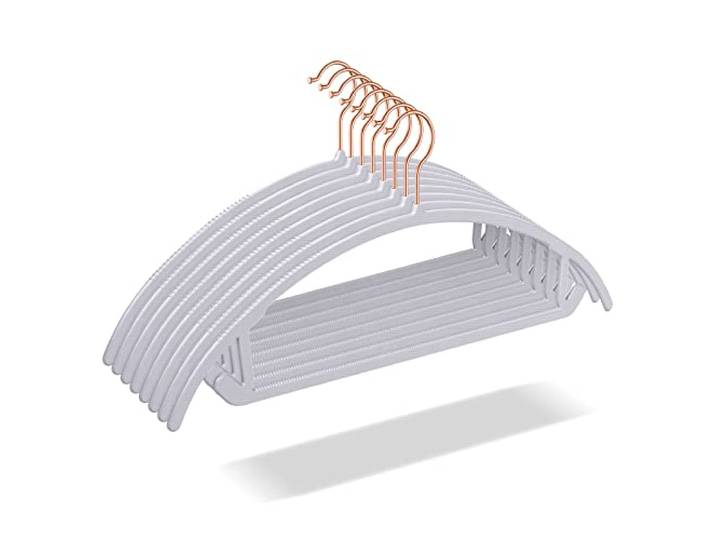OIKA Kleiderbügel aus Kunststoff, ohne Schultern, Anzugbügel – rotgoldene Haken, rutschfest, platzsparend, robust, abgerundete Kleiderbügel für Pullover, Mantel, Jacken, Kleider, graue Kleiderbügel