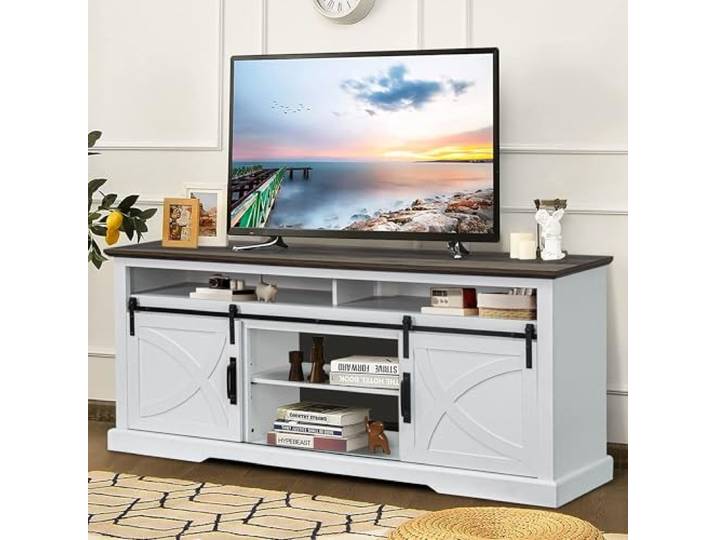 Parrot Uncle TV-Schrank, TV-Möbel Für Fernseher Bis Zu 65 Zoll, Medien- Und Unterhaltungszentrum Mit Stauraum, Moderner TV-Schrank in Braun Für Das Wohnzimmer Weiß