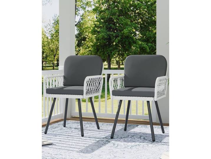 Lot de 2 Chaises jardin Structure en métal rotin tressé tressé main accoudoirs et coussin pour jardin balcon terrasse Noir + Gris