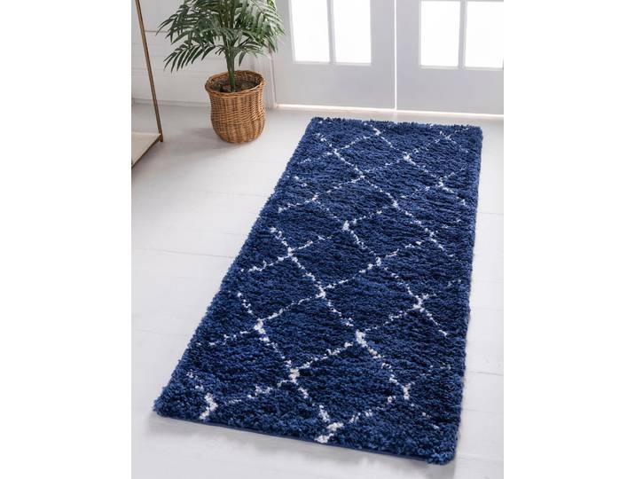 Hochflor-Teppich Temara Shag, LAGERRÄUMUNG , blau (marineblau, elfenbeinfarben), B:79cm H:51mm L:305cm, Polypropylen (PP), MYFLAIR MÖBEL & ACCESSOIRES, Teppiche, Hochflor-Teppich, gewebt, Rauten Design, weich & kuschelig
