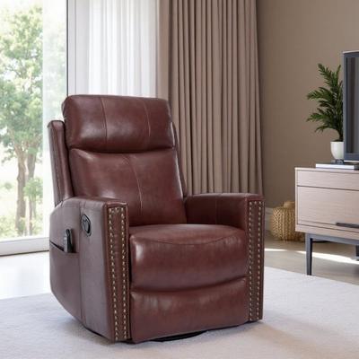 Genuine Leather Swivel and Rocking Recliner Chair with Heat and Massage, 8-Point Vibrating Nodes, Manual Recline up to 155°