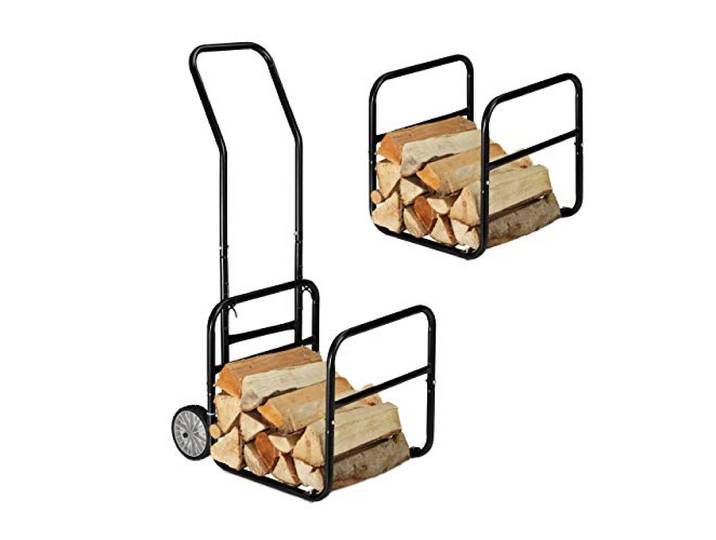 Relaxdays Chariot à Bois\, 2 en 1\, Panier à bûches avec Roues\, en Acier\, Jusqu’à 45 kg\, Transport & Rangement\, Noir