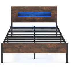 COSTWAY Bettgestell 200x140cm, Plattformbett mit LED, Stauraum-Kopfteil, Steckdosen, Metall-Lattenrost, rustikales Braun