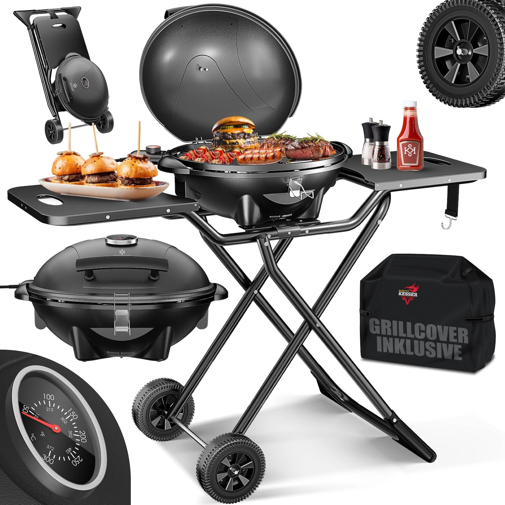 KESSER® elektrischer Elektrogrill 2in1 Tischgrill - Standgrill mit Deckel und Standfuß max. 2400 Watt Faltbar Thermometer Antihaftbeschichtung Grillplatte Abstelltische 2 Räder
