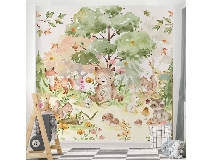 Papier peint Aquarelle Animaux forêt 240 x 240cm 240 x 240 cm