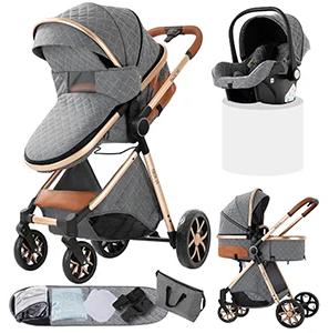 Kinderwagen - YV9 3-in-1 Kombikinderwagen - Mit Babyschale - Mit Babywanne - Faltbar - Leicht - Tragfähigkeit Über 20 kg - Grau