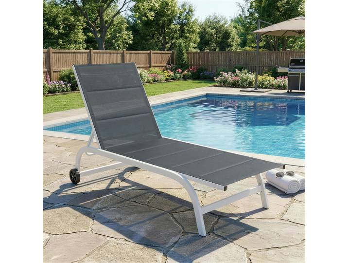 Outsunny Transat Jardin Aluminium Gris Foncé Blanc avec Roulettes