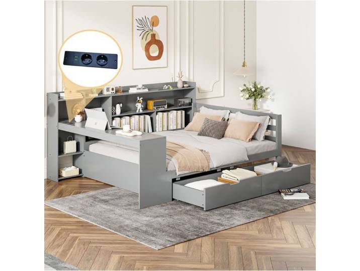 MEUBLIV Lit multifonction 140 x 200 cm avec bureau étagères tiroirs et prises USB gris