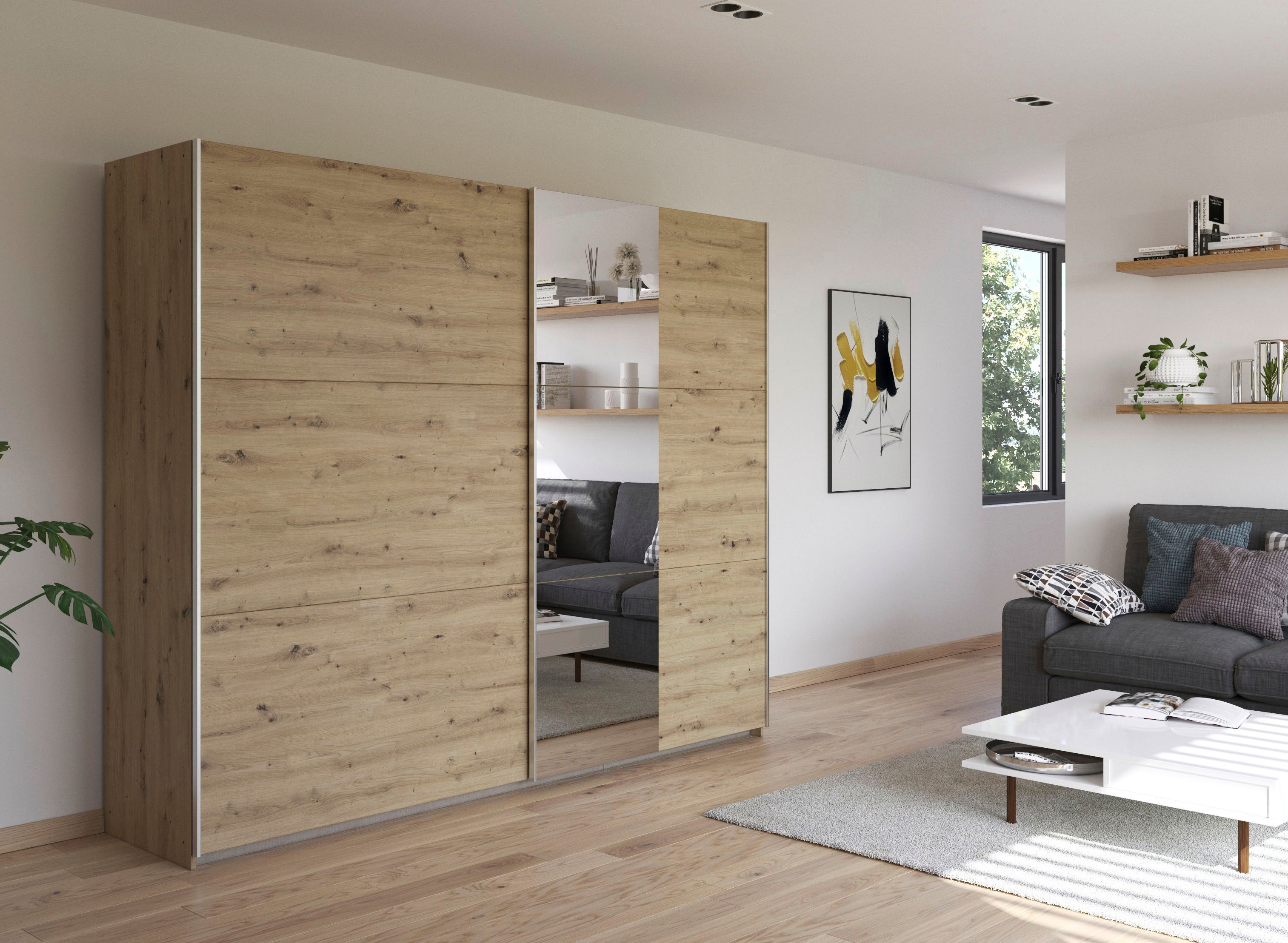 Schwebetürenschrank RAUCH "Kleiderschrank Drehtürenschrank Schrank Garderobe KRONACH", braun (eiche artisan, griffleisten alu, 1 spiegel), B:261cm H:210cm T:59cm, Holzwerkstoff, Schränke, Schwebetürenschrank, optional ohne, mit 1 oder 2 Spiegel, viel Stau