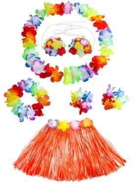 Useful Little Things Hawaiian Dance Child Skirt With Leis Costume 15.7 Inch Elastic Luau Grass Skirt Flower Bracelets Headband Necklace Set 6pcs Orange 15.7 In