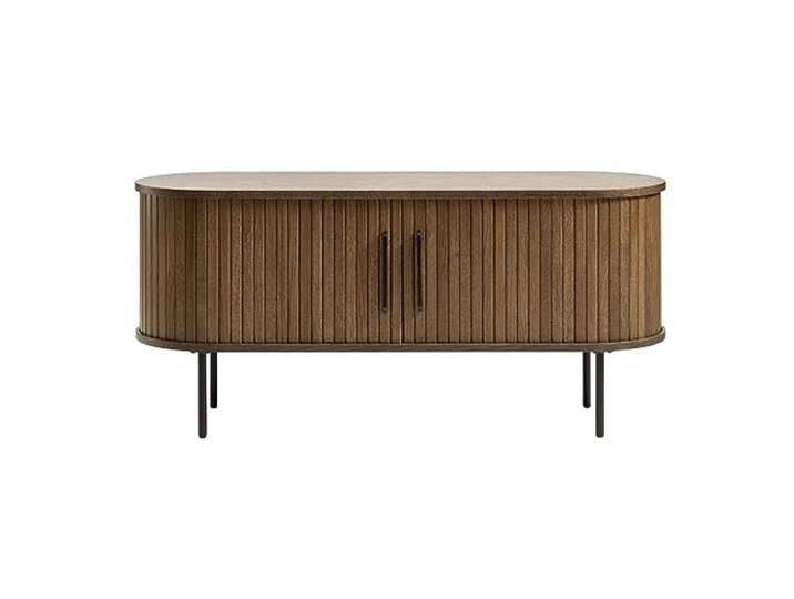 Trendstore Uriel Lowboard in Lamellenoptik, Schiebetüren, moderner Retrolook, Lamellen-Design, Metallakzente, praktische Metallfüße, Wohnzimmer, Lamellen Eiche Furnier Smoked, 120