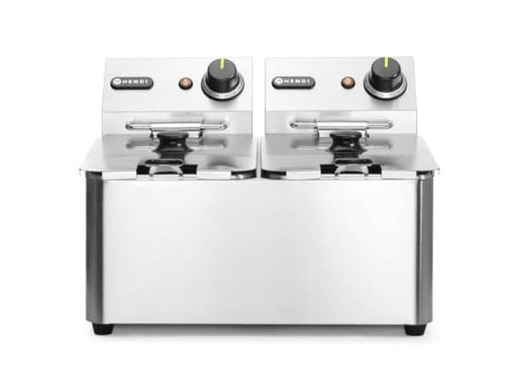 HENDI Fritteuse, Friteuse, Fritöse, einstellbar bis 190°C, Kaltzone, mit Frittierkorb und Deckel, Entnehmbar Becken, Sicherheitsthermometer, 2x4L, 230V, 6000W, 470x420x(H)330mm, Edelstahl