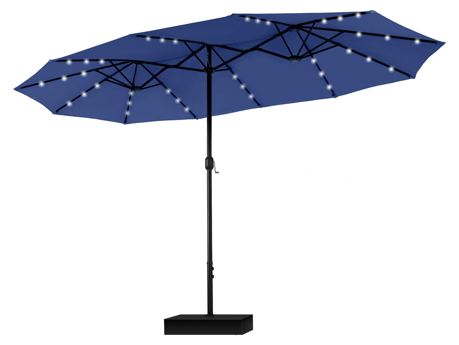 Großer rechteckiger Sonnenschirm mit Ständer, 450 x 270 cm, für Garten und Terrasse, mit LED-Beleuchtung, Kurbel, UV-Schutz, windfest, marineblau