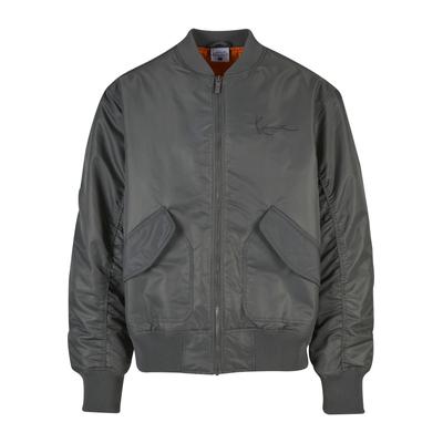 Bomberjacke KARL KANI "Karl Kani Karl Kani Small Signature Distressed Bomber Jacket", Herren, Gr. M, grau (anthrazit), 100% Polyamid, unifarben, normal, amerikanischer Ausschnitt, Jacken Bomberjacke