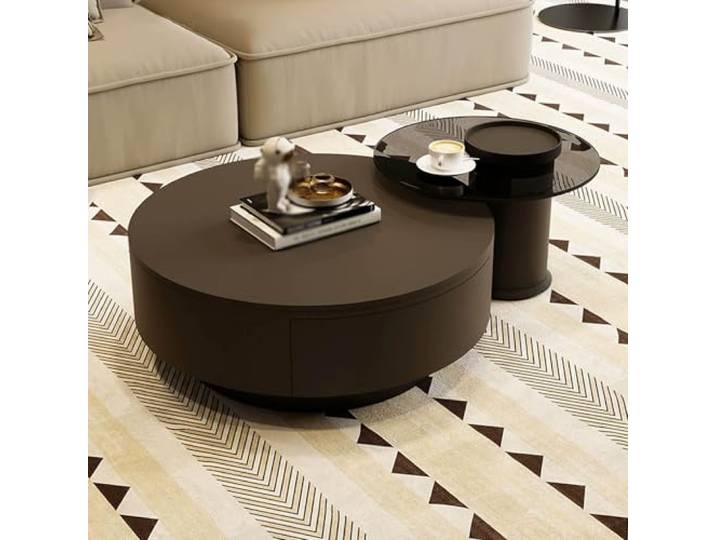 Moderner schwarzer runder Mid-Century-Couchtisch, minimalistischer Wohnzimmer-Mitteltisch mit großem Stauraum, einzigartiger Bauern-Couchtisch für das Wohnzimmer