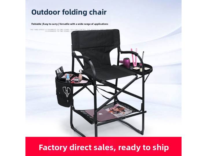 Chaise de maquillage et de coiffure, nouvelle, en alliage d'aluminium, portable, pliable, multifonctionnelle, avec dossier noir et pieds hauts, chaise de réalisateur d'extérieur