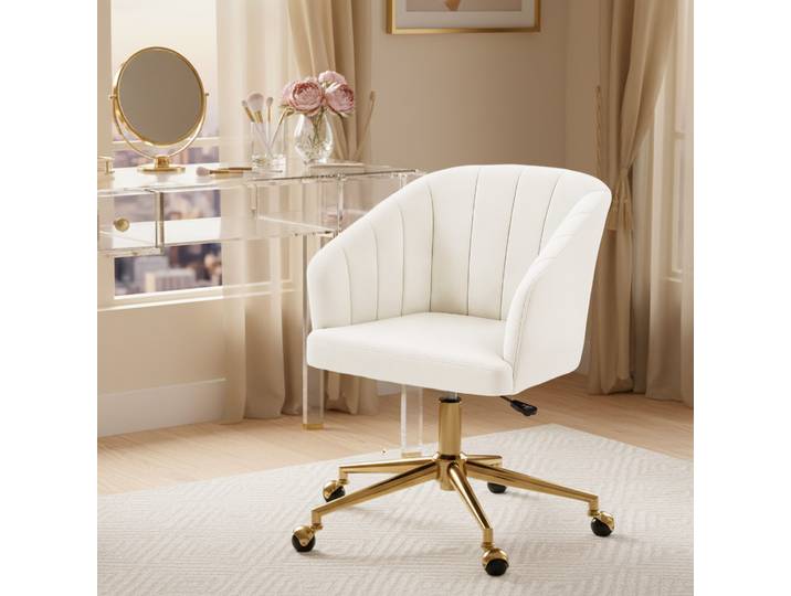 HOMCOM Chaise Bureau Velours Réglable à Roulettes Blanc Crème