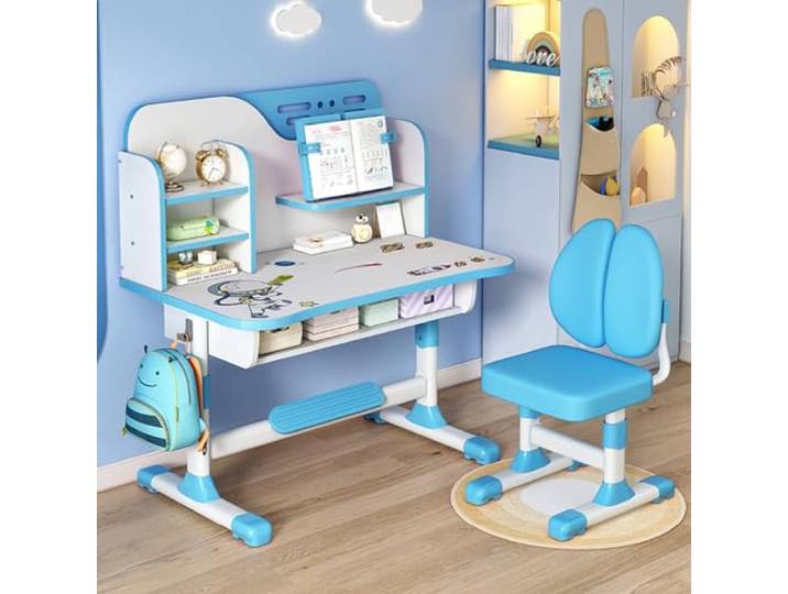 Kinderschreibtisch Set, Höhenverstellbar, 300kg, Astronaut, 80cm Höhenverstellbar 3-18 Jahre, 80cm breit, Schublade, 300kg belastbar, E1-Platte, Astronaut-Design, Ergonomisch