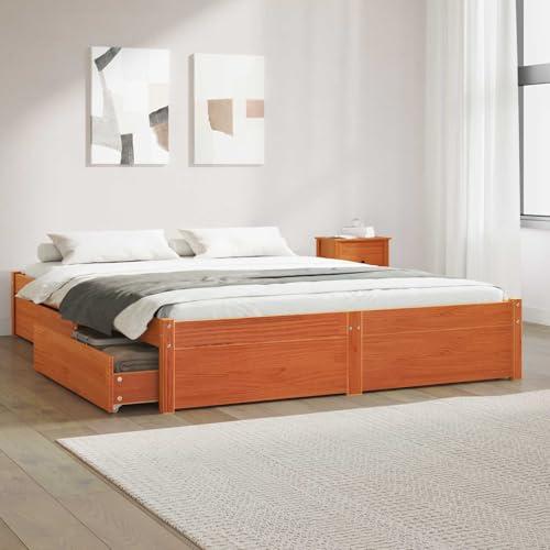Massivholz Stauraumbett 140x200 cm Kiefer Wachsbraun mit 4 Rollschubladen, Modernes Doppelbett Rahmen, Robust & Langlebig für Schlafzimmer Jugendzimmer Gästezimmer