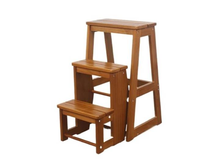 Luercher Massivholz-Treppenhocker, multifunktionale dreistufige Leiter Stuhl-Klapptreppe, geeignet for Küche, Bad und Büro(Light Walnut)
