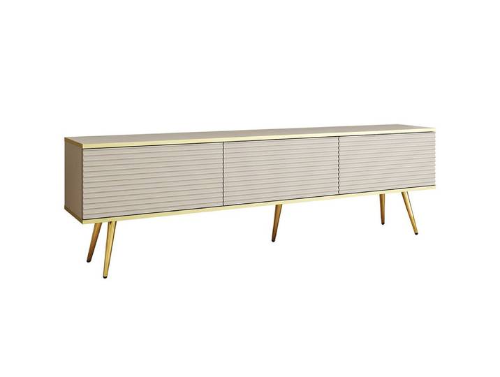 Lomadox Lowboard OLOVO-160, Beige,Rillenfront, goldfarbene Akzente, 175 cm breit, goldfarbene Füße