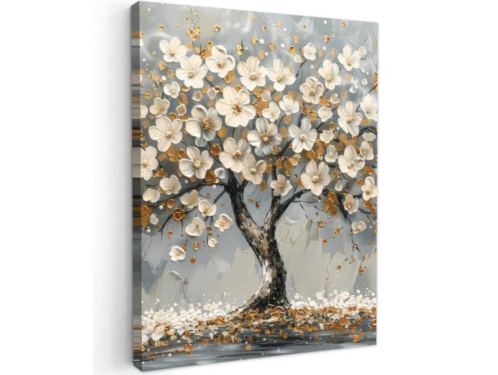 MuchoWow Leinwandbild - Baum - Blumen - Weiß - Natur - Kunst - 60x80 - Gemälde, Textil, Kiefer, Abstrakt, Rechteckig, 60x80 cm, gerahmt, Bilder & Rahmen, Bilder, Wandbilder