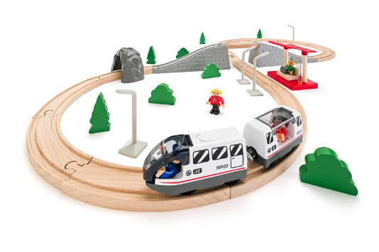 Woody 93078 Treinset met 45 onderdelen inclusief spoorlijnen, brug, tunnel en station