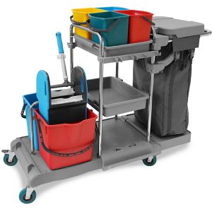 Semy-Top Reinigungswagen 2007, Systemwagen, mit Presse, Müllsackhalter & 6 Eimern 4x 5 & 2x 18 Liter